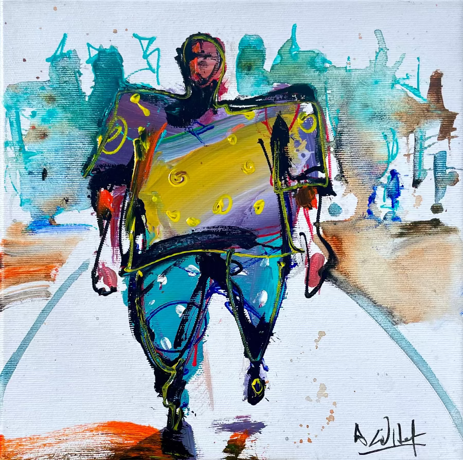 Abstract artwork of a walking man with colorful painted areas and splashes on a white background