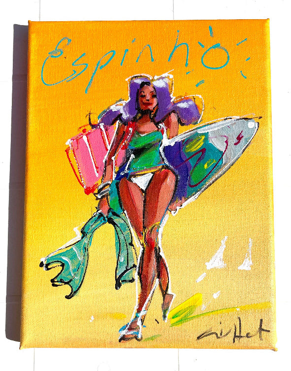 Colorful painting of a woman with a surfboard on a yellow background, signed by the artist