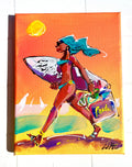 Colorful painting of a woman with surfboard, blue hair and walking with a bag on an orange background