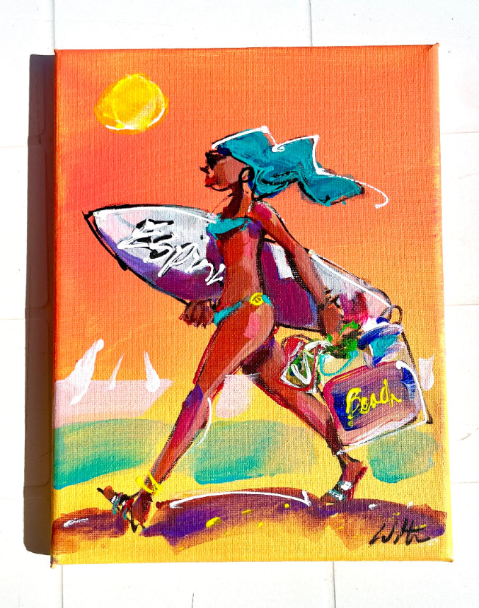 Colorful painting of a woman with surfboard, blue hair and walking with a bag on an orange background