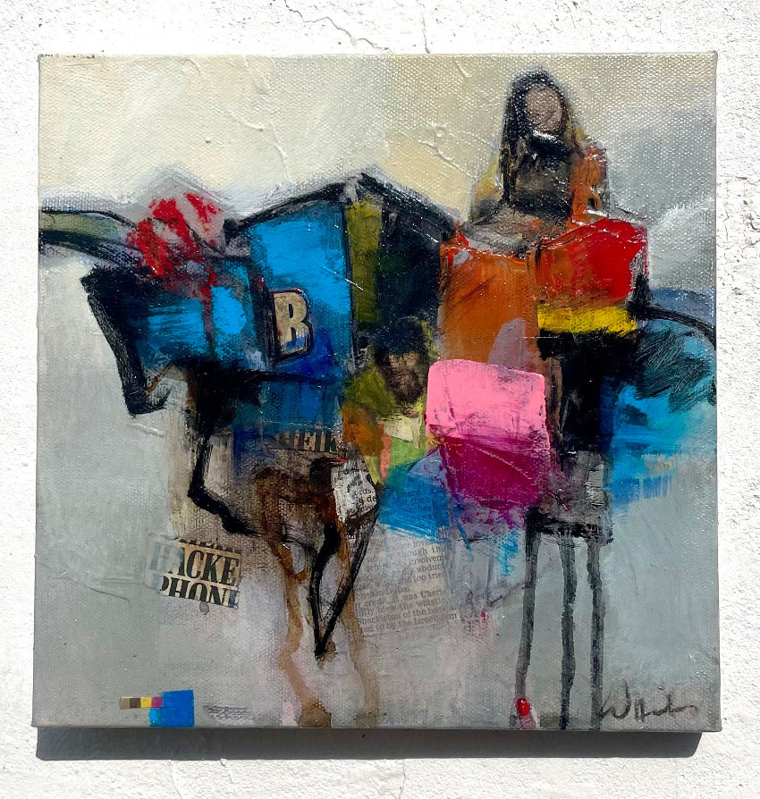 Abstract painting with colorful elements on a textured white background