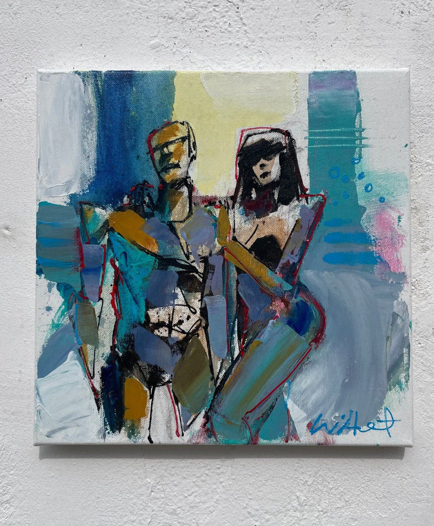 Abstract painting of two figures shown here on a textured wall